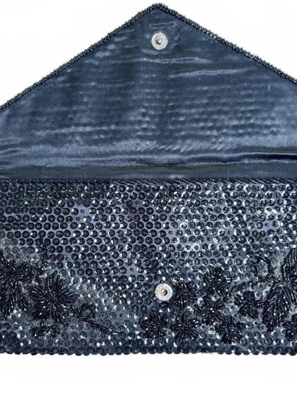 Black beaded envelope clutch evening bag with snap closure